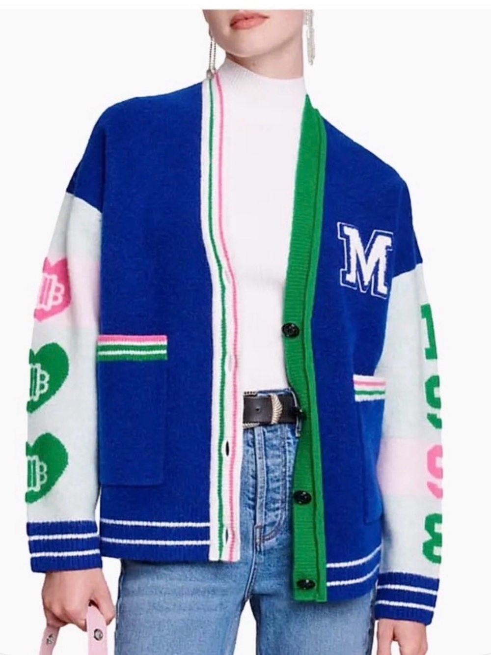 Maje Varsity Logo-Appliqué Cardigan Wool Blend Blue Size 2 (US M)